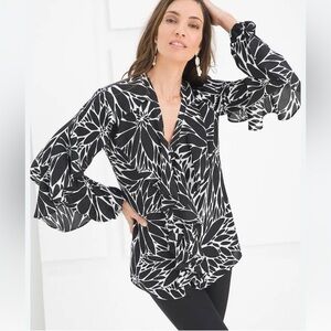 Chicos Top‎ Womens 3 US XL Black & White Sheer Ruffle V Neck Blouse Floral